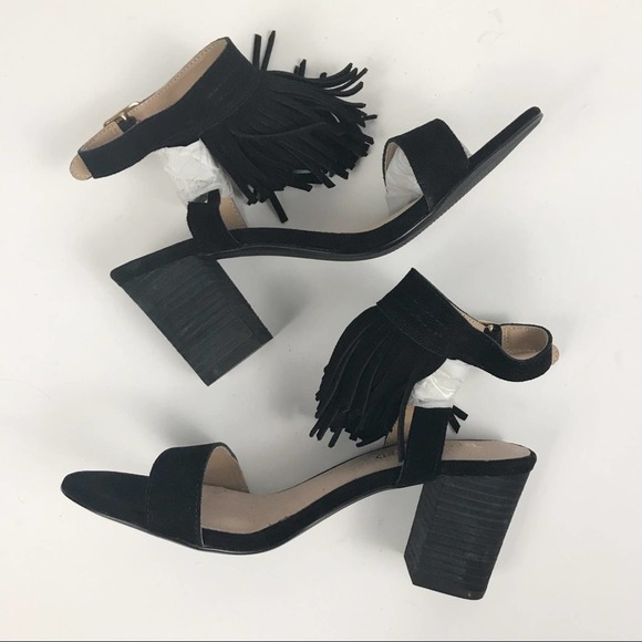 Kissy Fringe Chunky Heel Open Toe Sandal 8.5 Black NEW - Picture 4 of 7